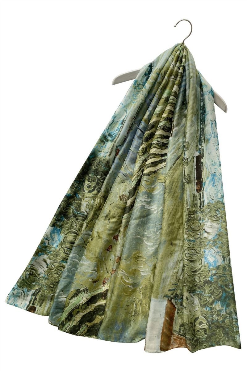 painted farmhouse scene print silk scarf