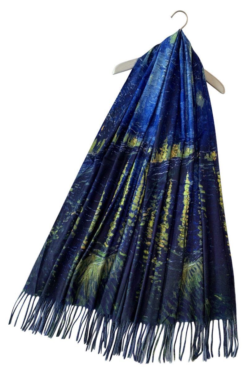 van gogh starry night over the rhone wool print tassel scarf