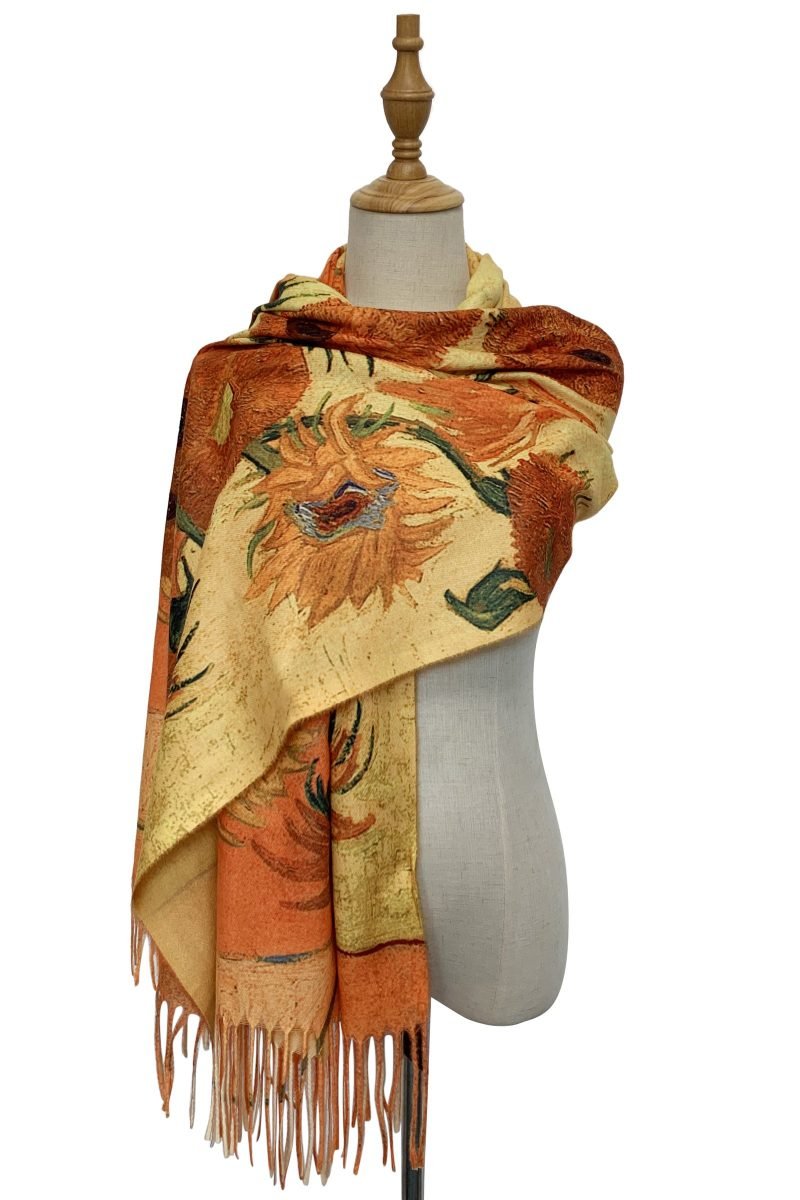 Van Gogh Sunflowers print wool tassel scarf