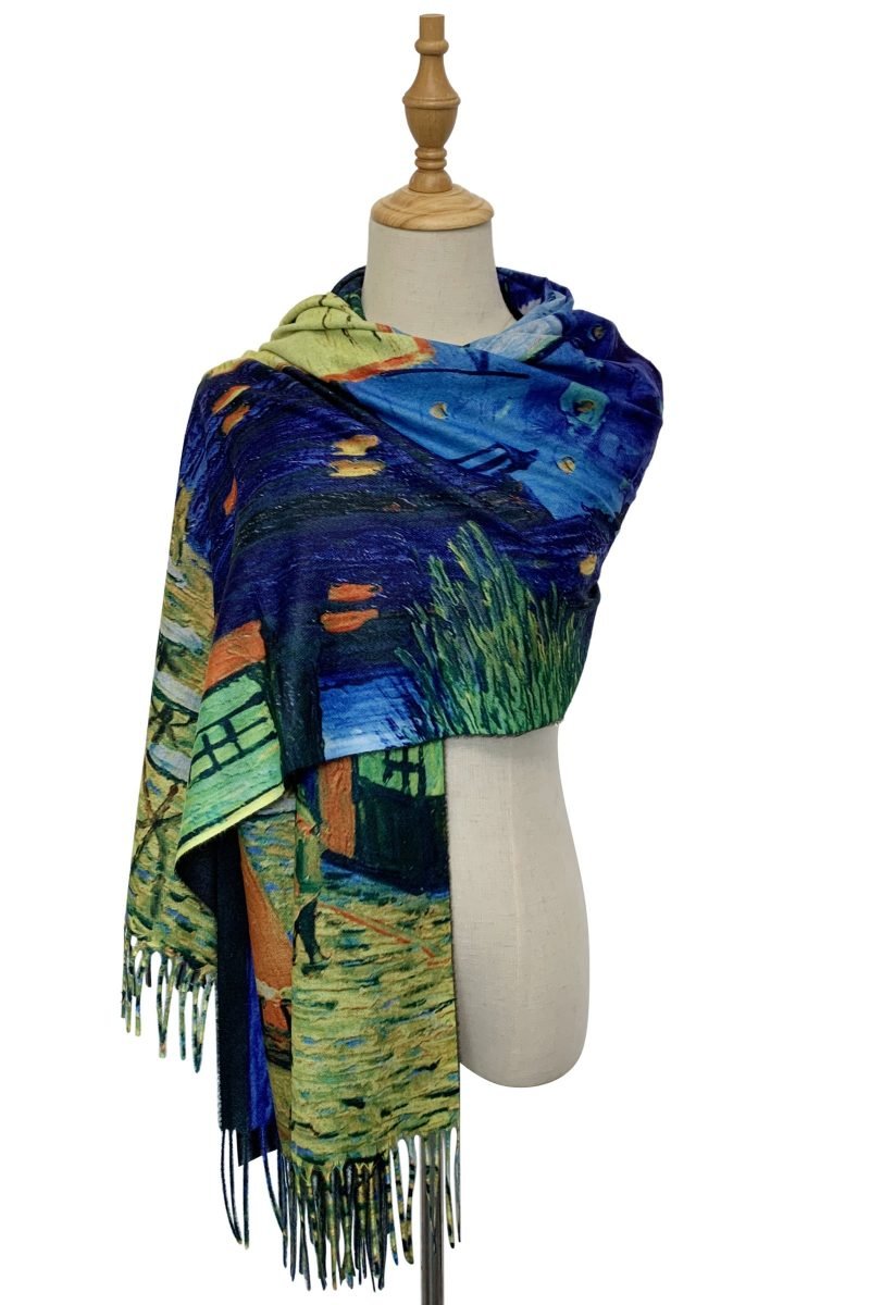 van gogh terrace cafe at night print wool tassel scarf