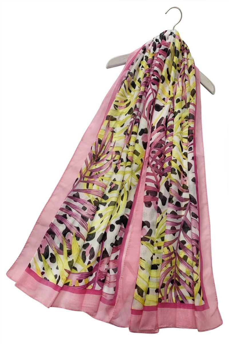 Leopard and Palm Leaf Print Scarf with Border