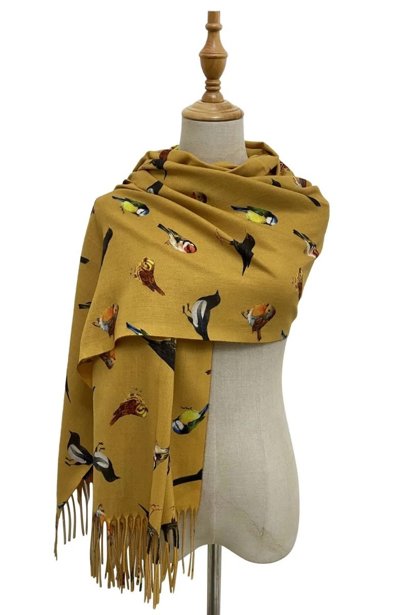 British wildlife bird tassel scarf mustard