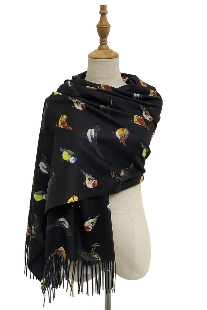 British wildlife bird tassel scarf black