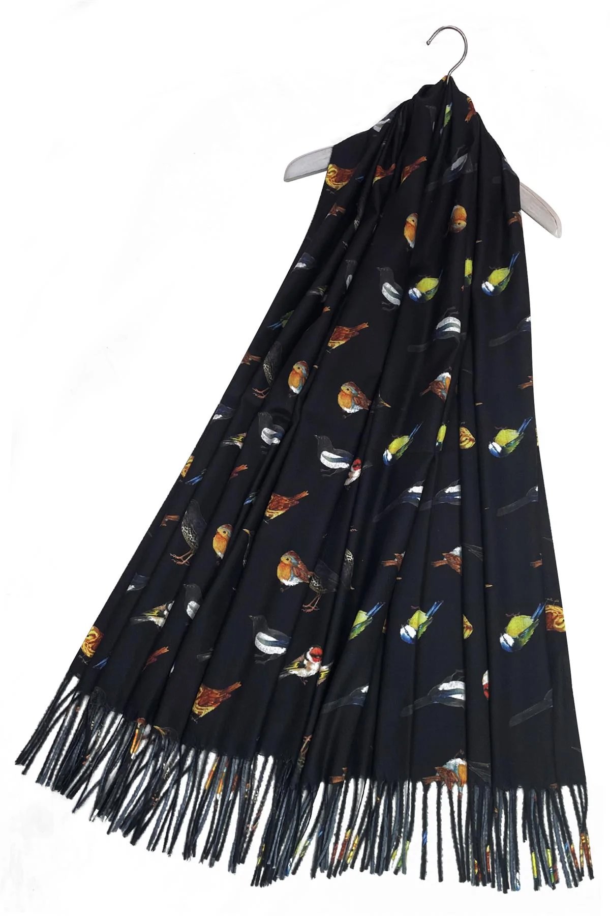 British wildlife bird tassel scarf black