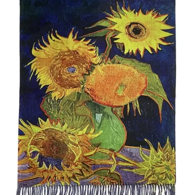 van gogh sunflowers wool scarf navy