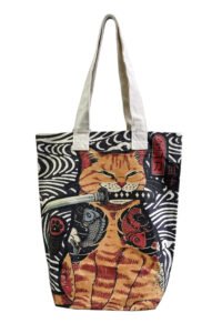 Japanese samurai cat print cotton tote bag