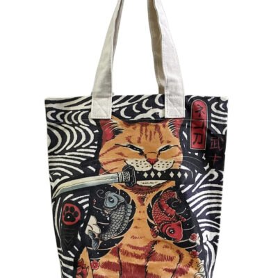 Japanese samurai cat print cotton tote bag