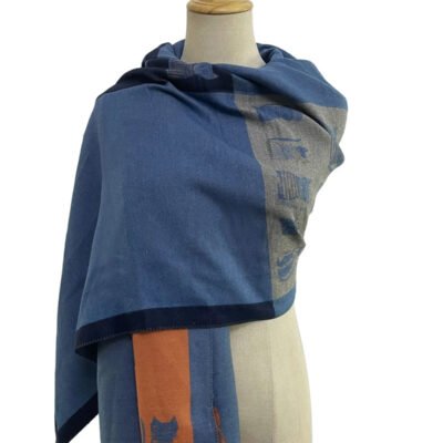 cat print colour block reversible frayed scarf blue
