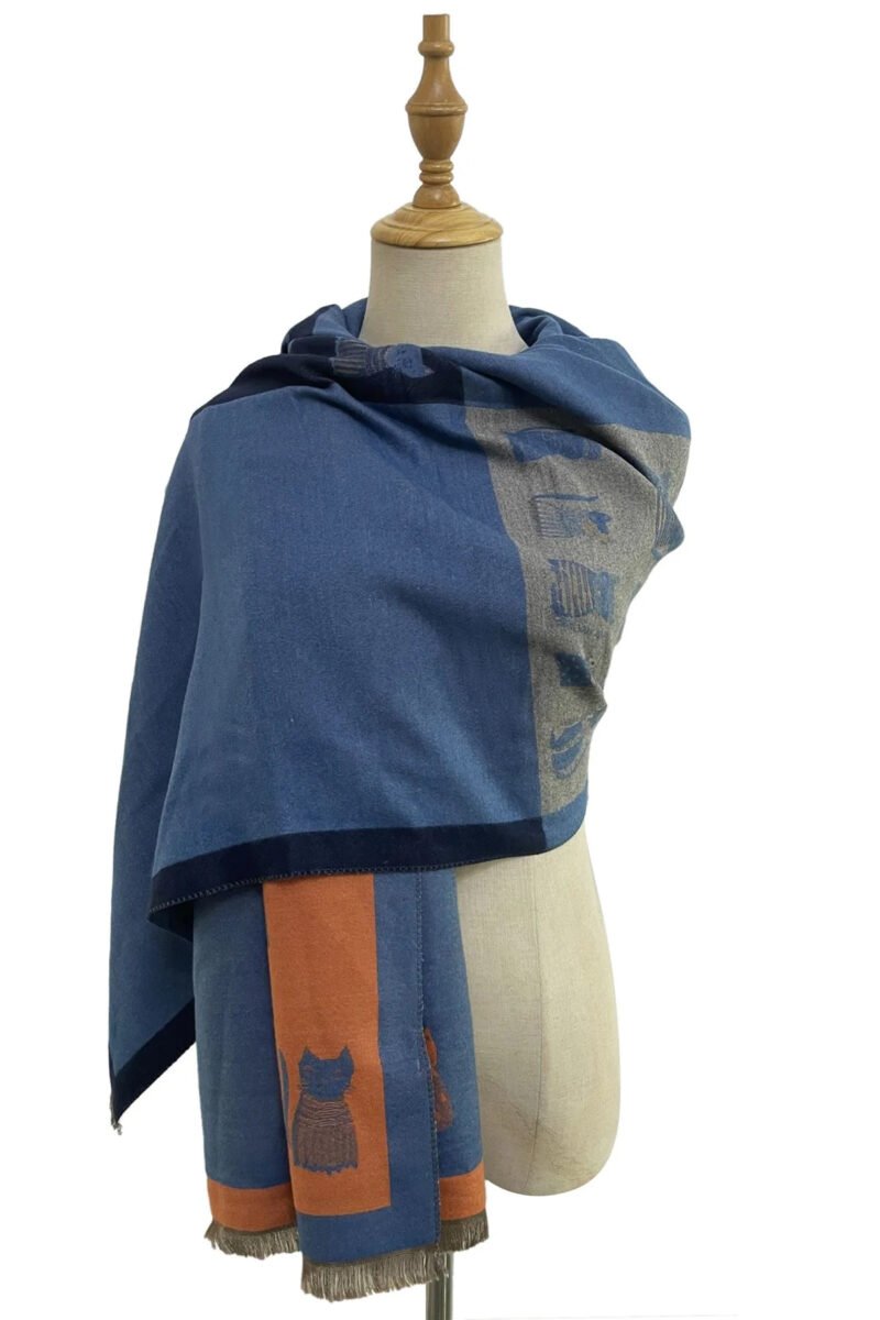 cat print colour block reversible frayed scarf blue