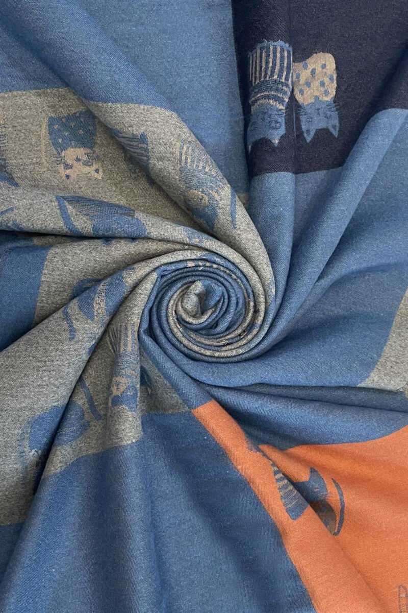 cat print colour block reversible frayed scarf blue