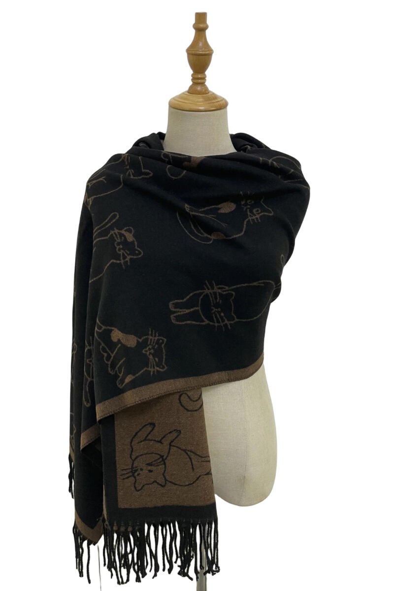 cute illustrated cat reversible tassel scarf black