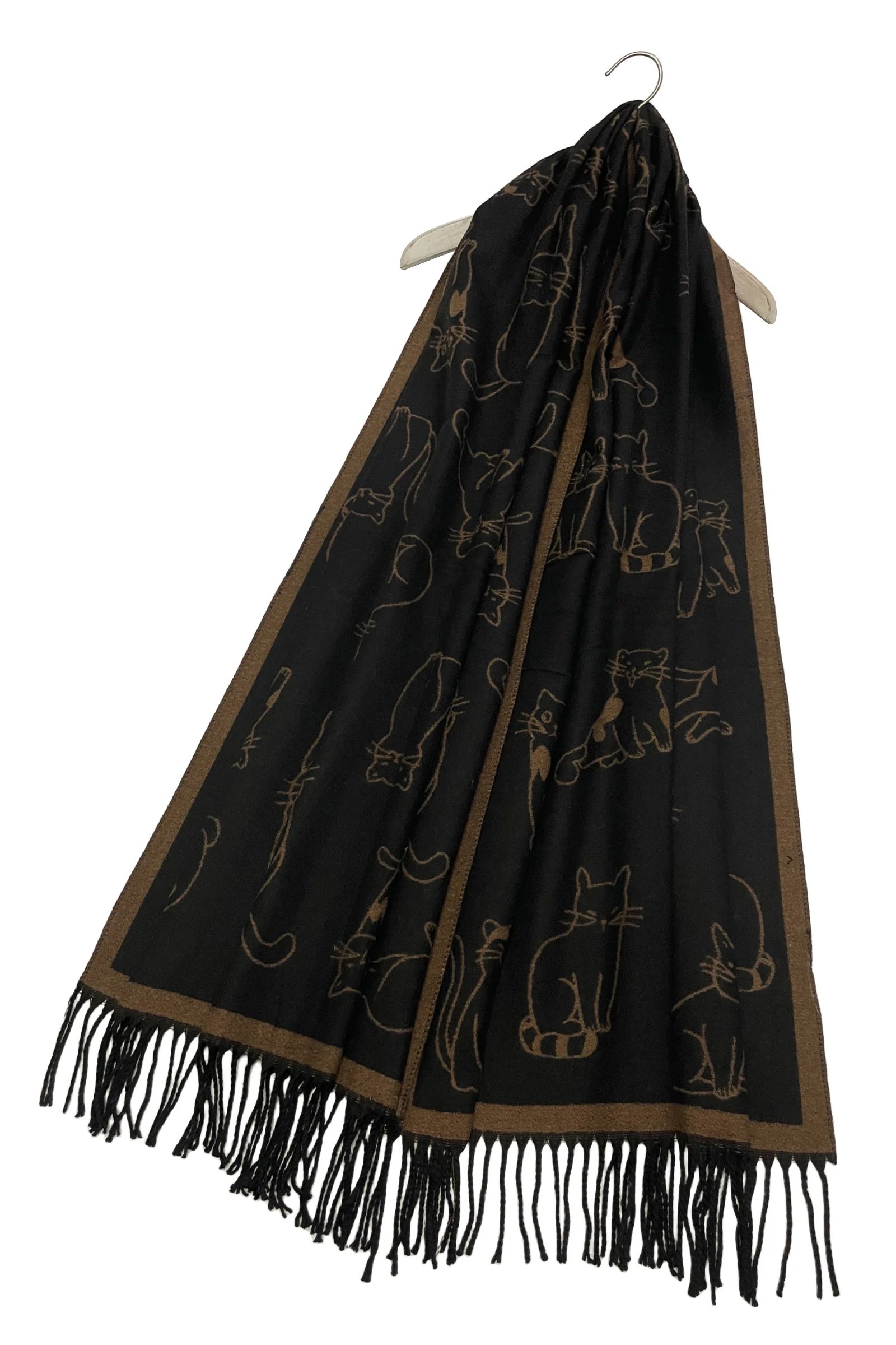 cute illustrated cat reversible tassel scarf black