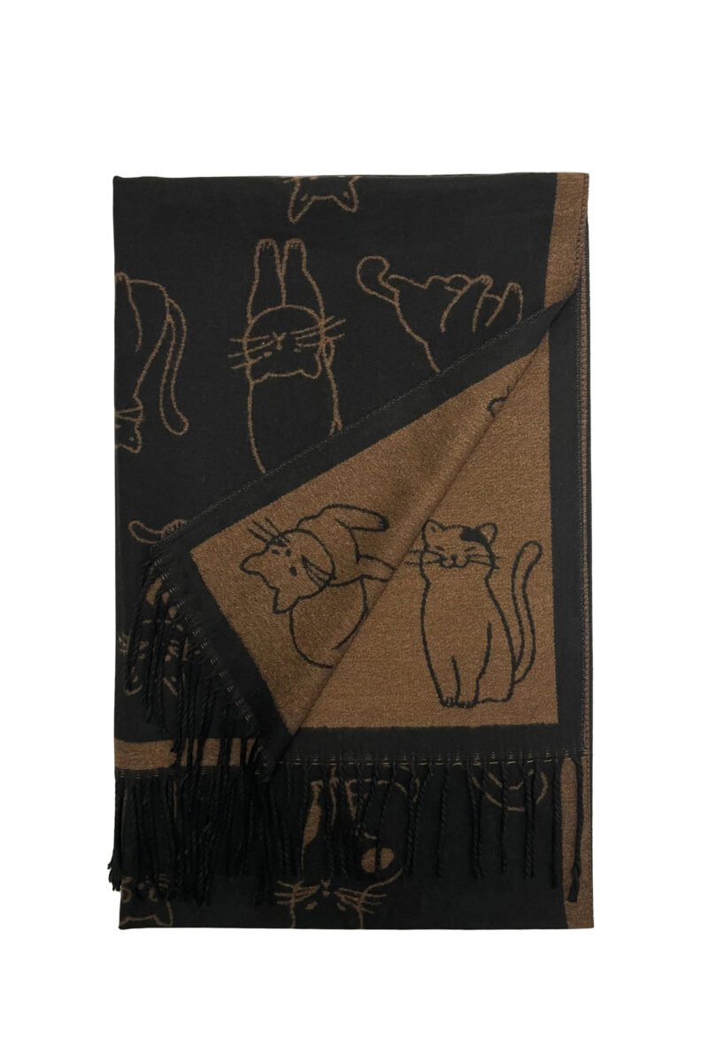 cute illustrated cat reversible tassel scarf black