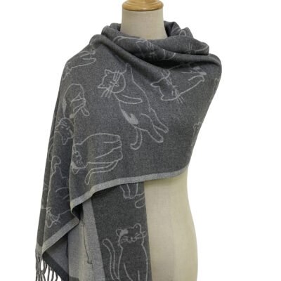 cute illustrated cat reversible tassel scarf grey