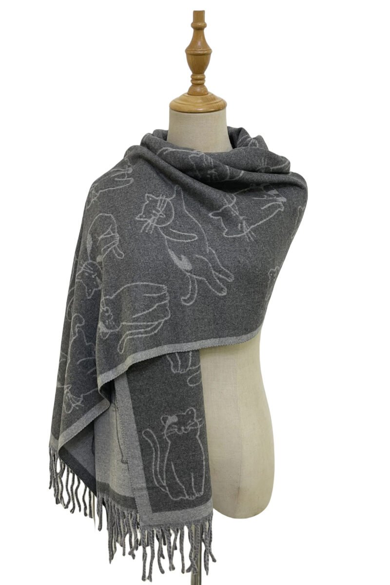 cute illustrated cat reversible tassel scarf grey