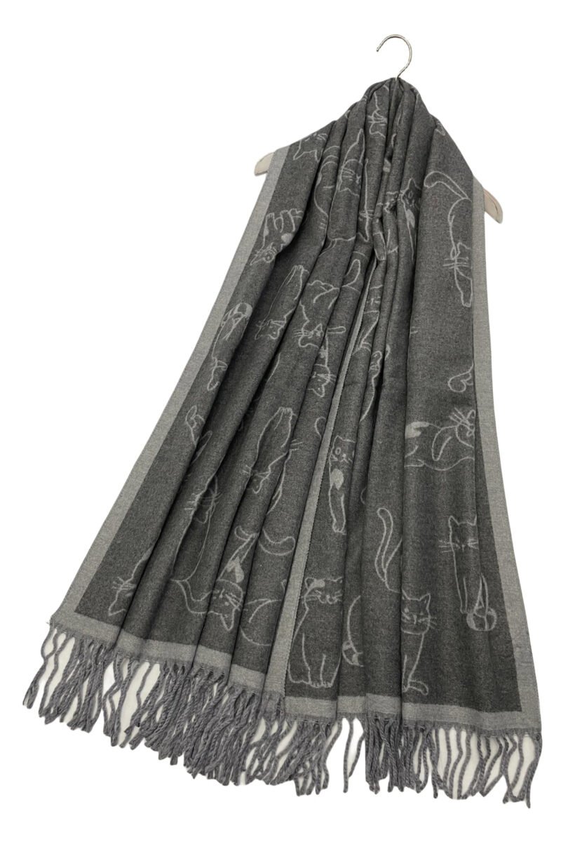 cute illustrated cat reversible tassel scarf grey