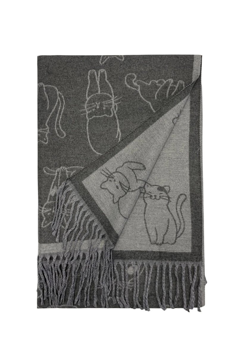 cute illustrated cat reversible tassel scarf grey