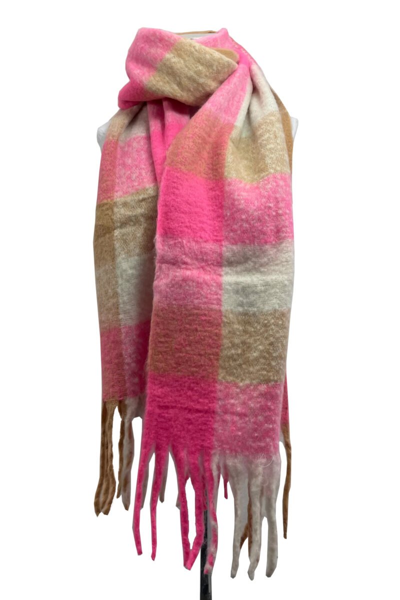 checked stripe soft blanket tassel scarf barbie pink beige white