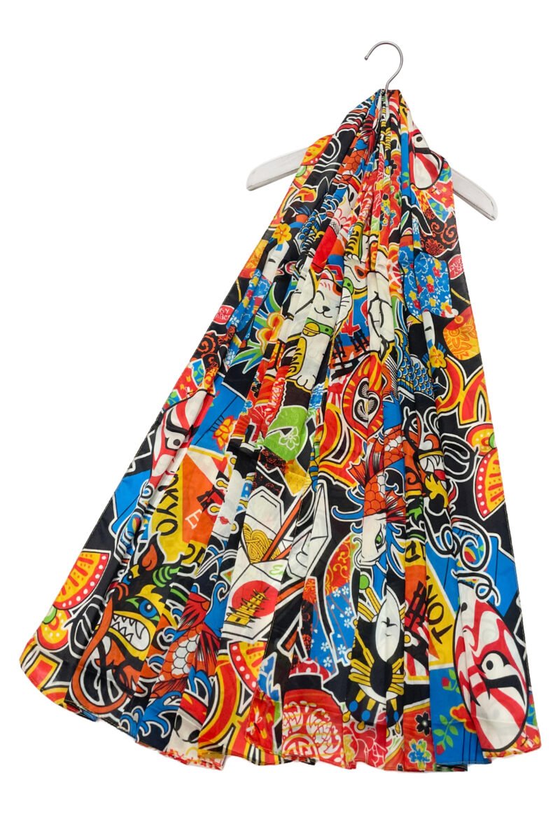 Japanese Cartoon Print Silk Scarf