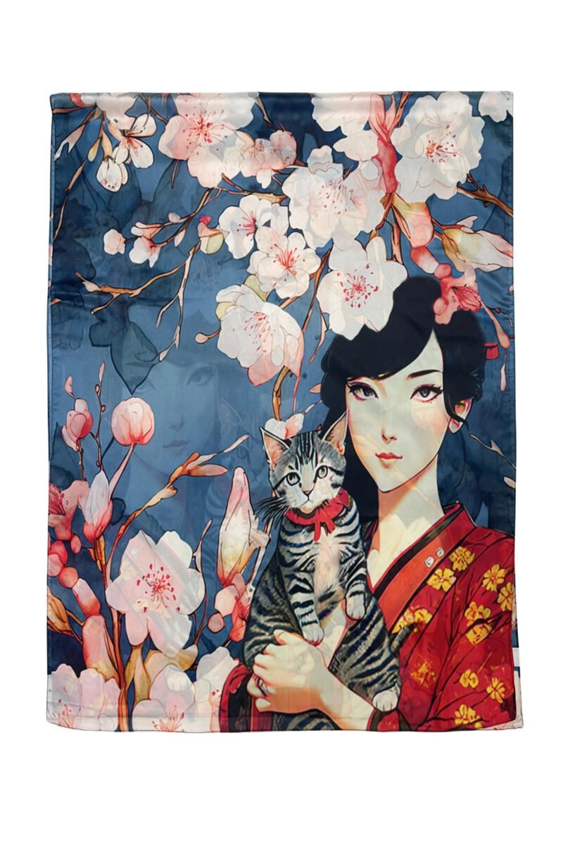 Japanese Lady and Cat with Cherry Blossom Silk Scarf