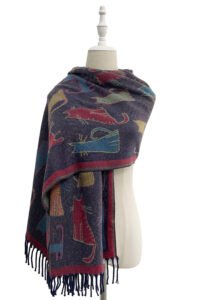 cat print reversible woven wool tassel scarf navy