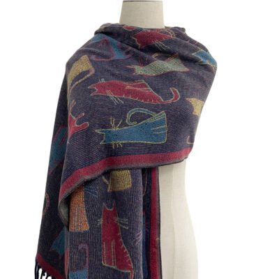 cat print reversible woven wool tassel scarf navy